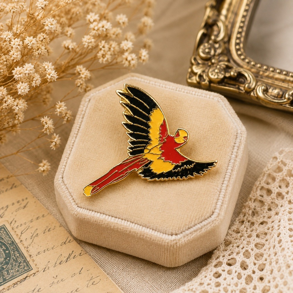Vintage Enamel Parrot Bird Lapel Pin Red Yellow Black Gold Tone Tropical Macaw